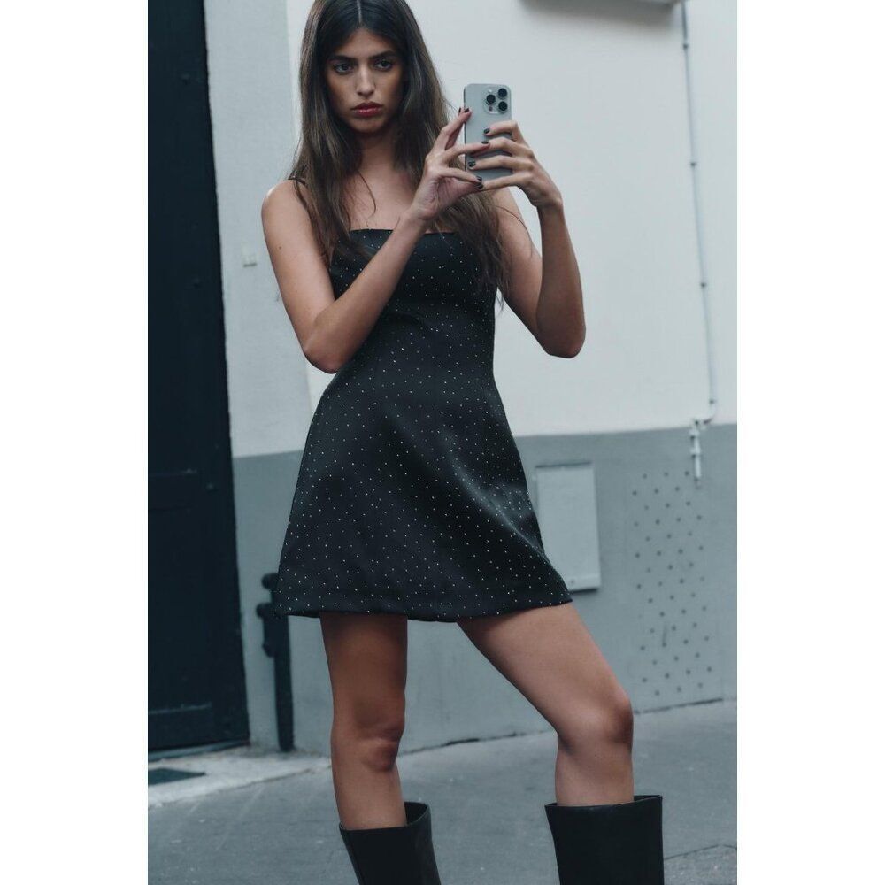 Zara Womens Mini Dress XS Black Rhinestone Satin Straight Neck 3152/281 NWT